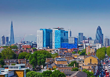 The City of London skyline from Queen Mary University of London.