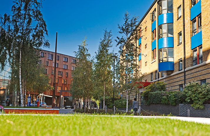 A view of Westfield Way with Maynard House at Stay QM Mile End.